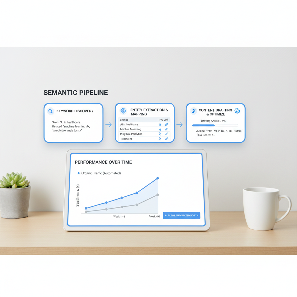 A software UI screen depicting the feature or workflow behind "semantic seo automation: Step-by-step: automating semantic SEO from keyword to publish" — a concr