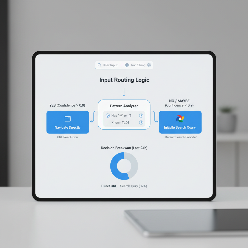 A software UI screen depicting the feature or workflow behind "search google or type a url: How browsers decide: search or URL?" — a concrete dashboard, table,