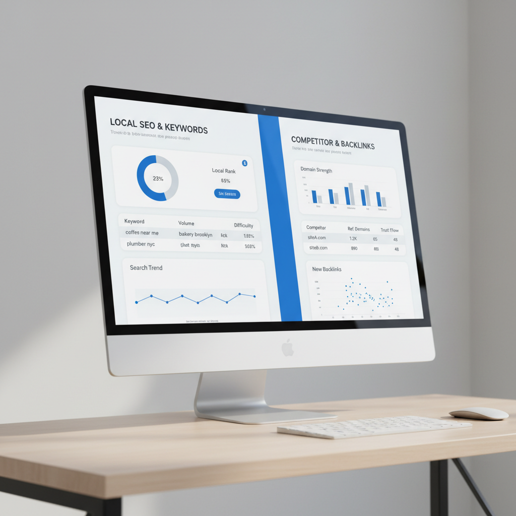 Two software UI panels side by side on one screen, divided by a bold vertical line: left panel is a dashboard/table/chart for "Local SEO and quick keyword resea