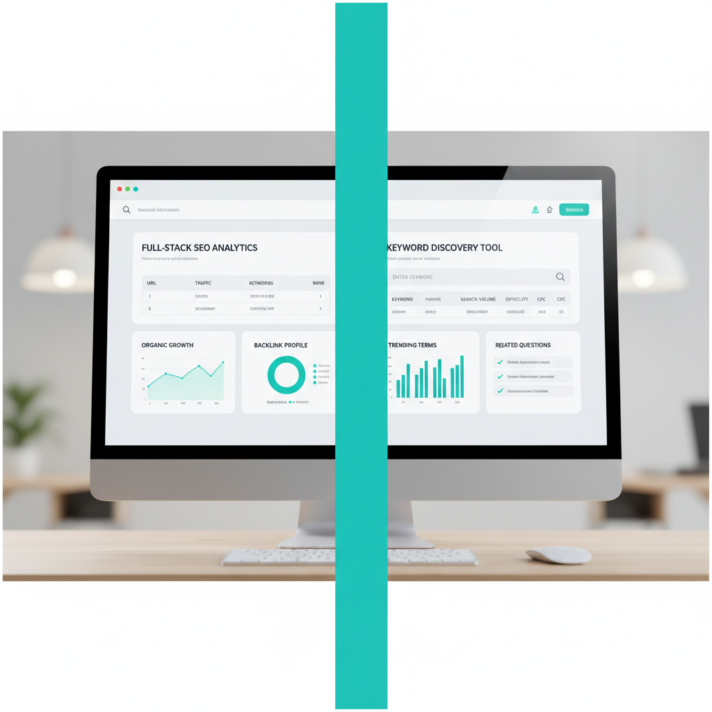 Two software UI panels side by side on one screen, divided by a bold vertical line: left panel is a dashboard/table/chart for "built for full-stack SEO" (repres